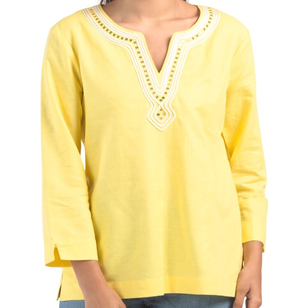 Limoncello Linen Blend Tunic w/ Bling Neck Detail - NWT
